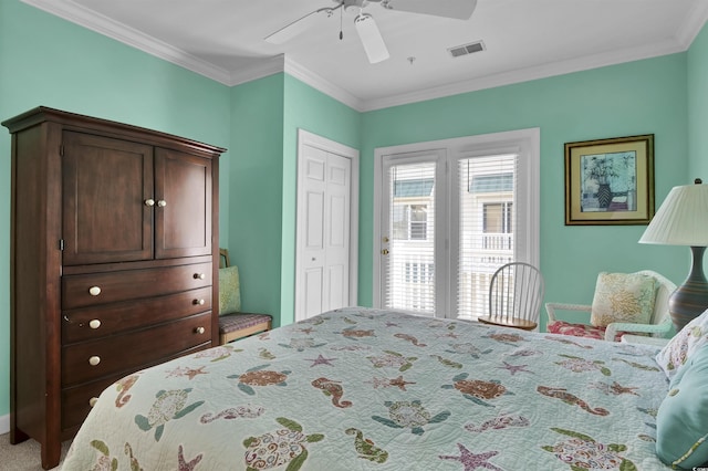 bedroom with ornamental molding, a ceiling fan, access to outside, and visible vents