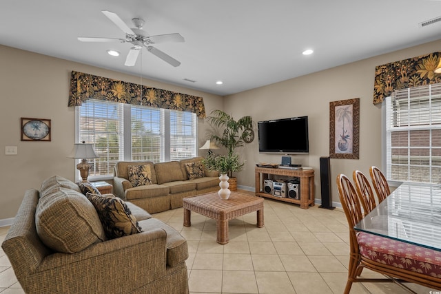215-B S Dogwood Dr, Surfside Beach, SC 29575 - living room featuring light tile patterned flooring, ceiling fan, recessed lighting, baseboards, and visible vents