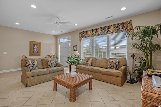 215-B S Dogwood Dr, Surfside Beach, SC 29575 - living room featuring visible vents, recessed lighting, ceiling fan, and light tile patterned floors