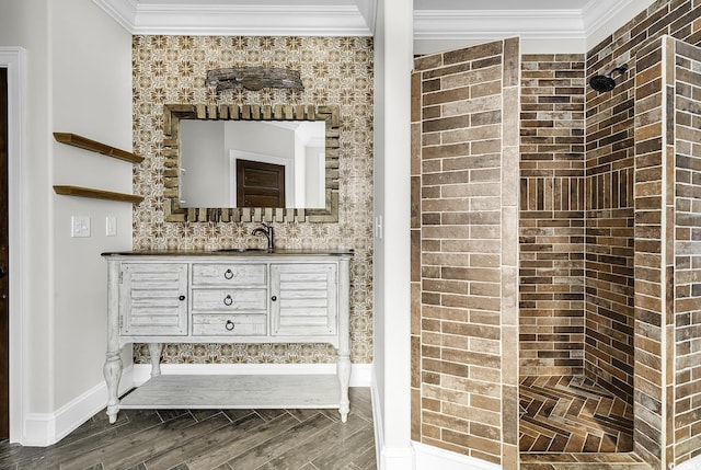 130 Hagar Brown Rd, Murrells Inlet, SC 29576 - bathroom featuring baseboards, ornamental molding, a tile shower, and vanity