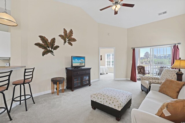 217 Wando River Rd Unit 12-H, Myrtle Beach, SC 29579 - living area with carpet, ceiling fan, baseboards, and high vaulted ceiling