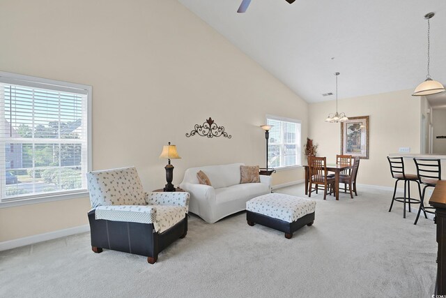 217 Wando River Rd Unit 12-H, Myrtle Beach, SC 29579 - carpeted living area with high vaulted ceiling, baseboards, a chandelier, and ceiling fan
