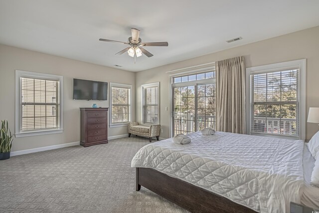 bedroom with ceiling fan, access to exterior, carpet, baseboards, and visible vents