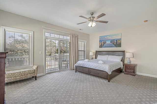 carpeted bedroom featuring baseboards, ceiling fan, visible vents, and access to exterior