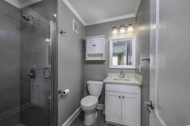 full bath featuring visible vents, ornamental molding, toilet, baseboards, and a shower stall
