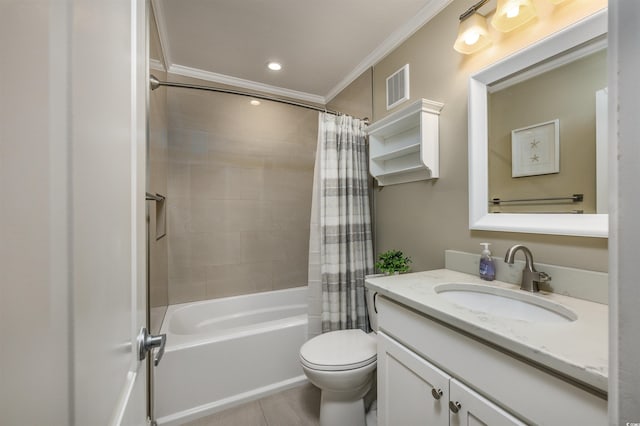 bathroom featuring visible vents, vanity, toilet, ornamental molding, and shower / bath combo with shower curtain