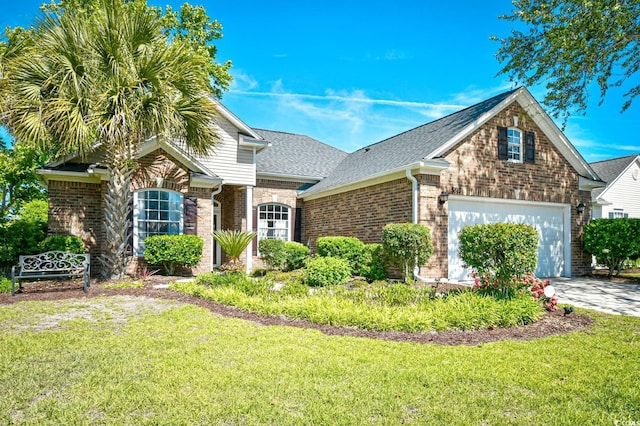 view of front of property featuring roof with shingles, driveway, a front lawn, and brick siding