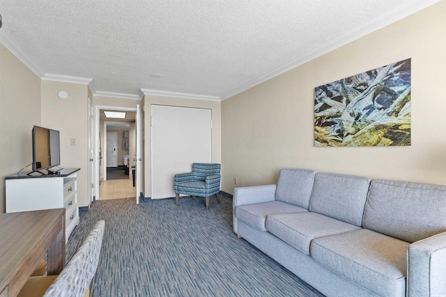 living room featuring crown molding, dark carpet, and a textured ceiling