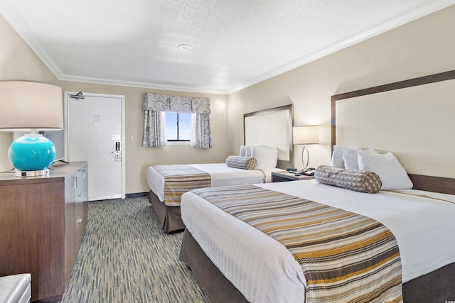 bedroom featuring baseboards, a textured ceiling, ornamental molding, and dark carpet