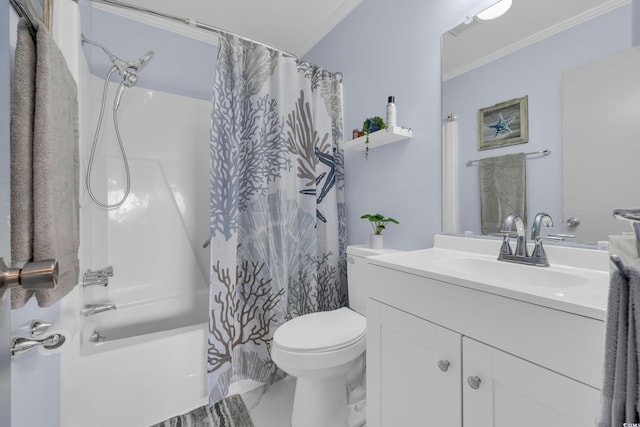 full bath with vanity, ornamental molding, shower / bath combo with shower curtain, and toilet