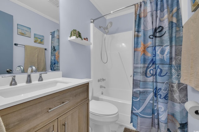 bathroom featuring vanity, ornamental molding, shower / tub combo with curtain, visible vents, and toilet