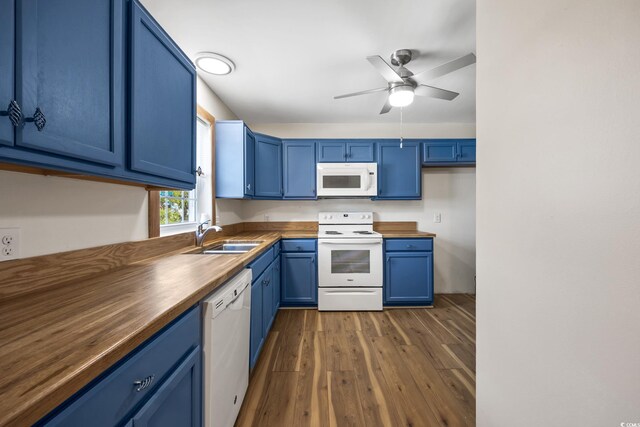 2701 Hillside Dr S Unit 1, North Myrtle Beach, SC 29582 - kitchen featuring white appliances, a sink, blue cabinetry, wooden counters, and dark wood-style flooring