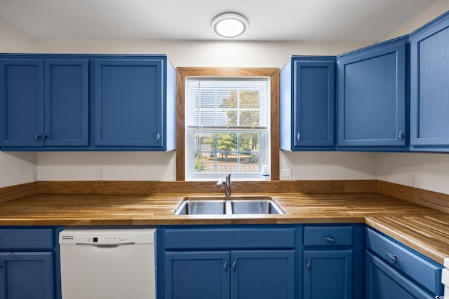 kitchen with wooden counters, a sink, blue cabinets, and dishwasher