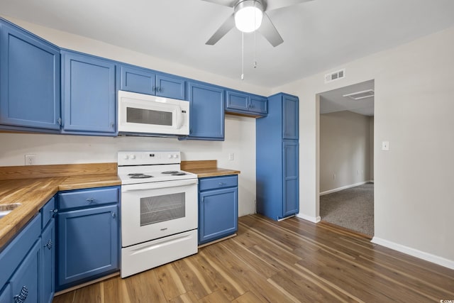 2701 Hillside Dr S Unit 1, North Myrtle Beach, SC 29582 - kitchen featuring white appliances, blue cabinets, and butcher block countertops