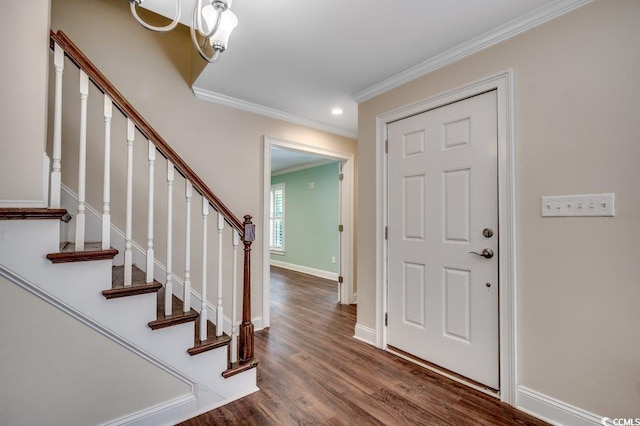 107 Azalea Dr, Conway, SC 29526 - foyer entrance with recessed lighting, ornamental molding, stairway, and dark wood-type flooring