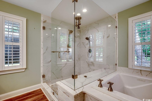 107 Azalea Dr, Conway, SC 29526 - full bath featuring a marble finish shower, baseboards, a garden tub, and wood finished floors