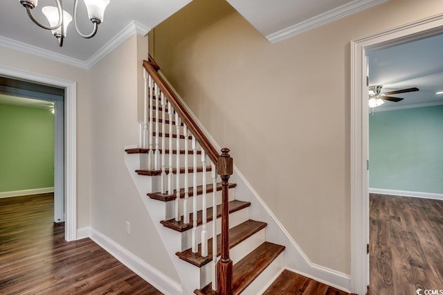 107 Azalea Dr, Conway, SC 29526 - stairway featuring baseboards, ornamental molding, ceiling fan with notable chandelier, and wood finished floors