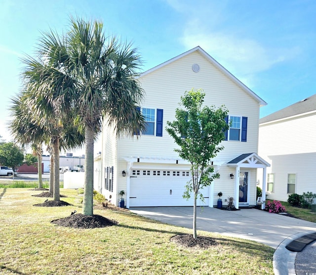 view of front of property with a garage, concrete driveway, and a front yard