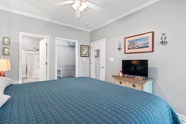 bedroom featuring connected bathroom, ceiling fan, a spacious closet, ornamental molding, and a closet