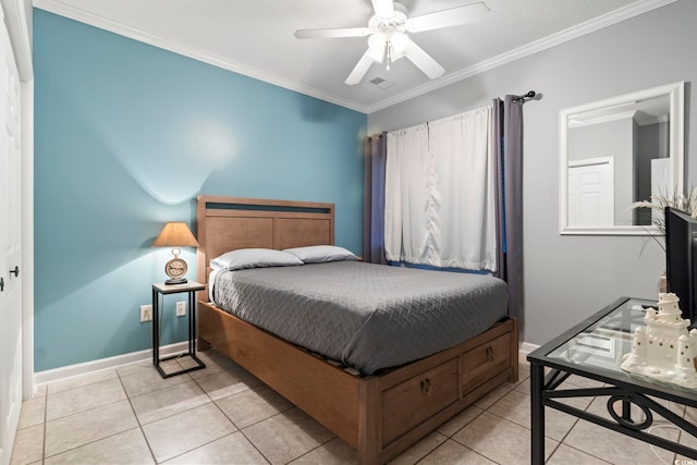 bedroom with light tile patterned floors, baseboards, ornamental molding, and ceiling fan