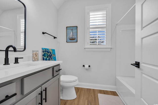bathroom featuring vanity, wood finished floors, a healthy amount of sunlight, and toilet
