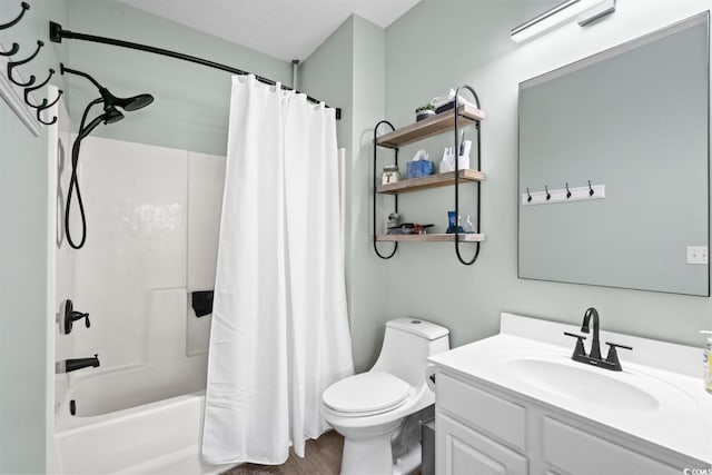 full bathroom featuring vanity, toilet, wood finished floors, and shower / tub combo with curtain