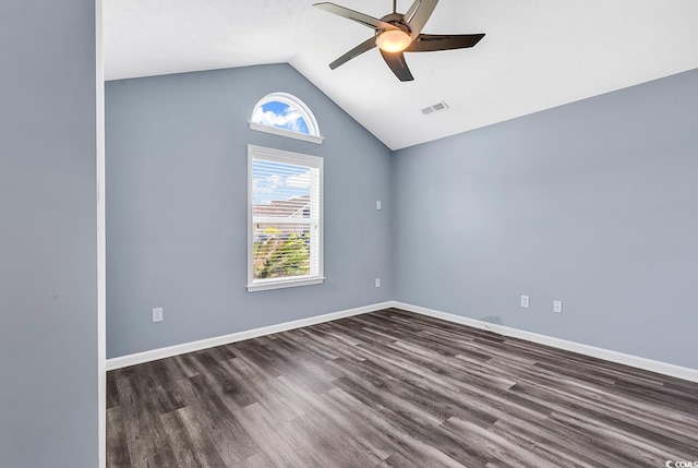 389 Barton Loop, Myrtle Beach, SC 29579 - empty room with a ceiling fan, lofted ceiling, dark wood finished floors, and baseboards