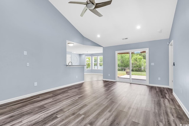 389 Barton Loop, Myrtle Beach, SC 29579 - unfurnished living room with a ceiling fan, high vaulted ceiling, baseboards, wood finished floors, and recessed lighting