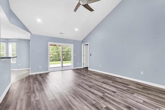 389 Barton Loop, Myrtle Beach, SC 29579 - empty room with high vaulted ceiling, ceiling fan, baseboards, wood finished floors, and recessed lighting