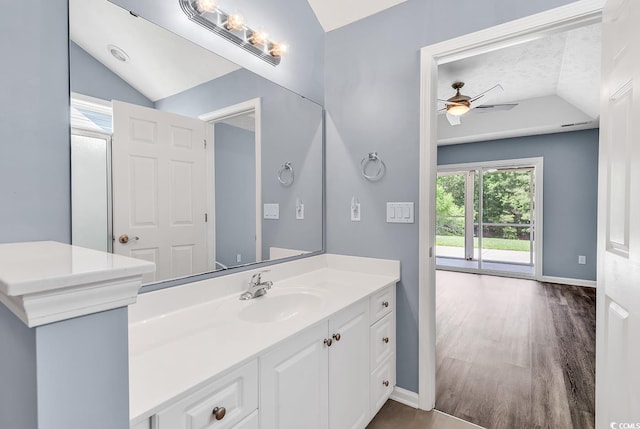 389 Barton Loop, Myrtle Beach, SC 29579 - bathroom featuring vaulted ceiling, ceiling fan, baseboards, vanity, and wood finished floors
