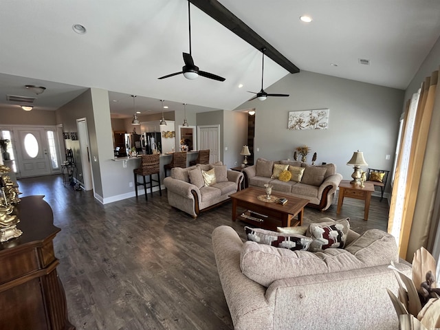living room with visible vents, baseboards, vaulted ceiling with beams, dark wood-type flooring, and a ceiling fan