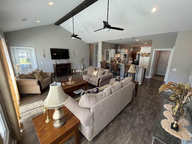 living room featuring dark wood-style flooring, lofted ceiling with beams, a ceiling fan, recessed lighting, and visible vents