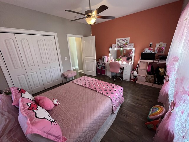 4008 Tupelo Ct, Conway, SC 29526 - bedroom with a closet, a ceiling fan, and wood finished floors