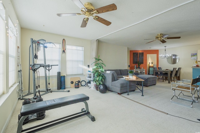 exercise room featuring a ceiling fan and carpet