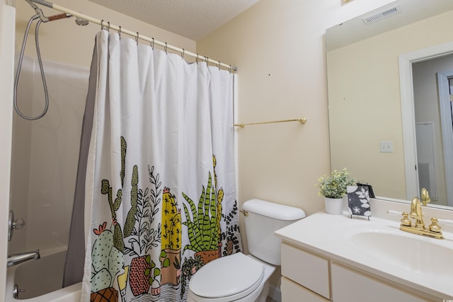 full bath with vanity, visible vents, toilet, a textured ceiling, and shower / bath combo