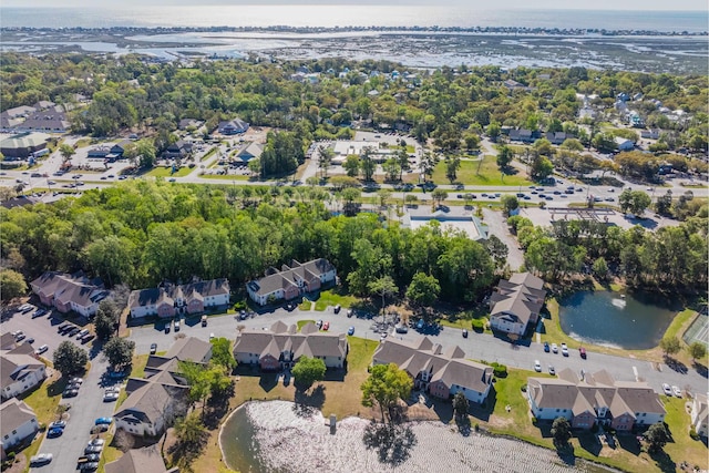 aerial view featuring a water view and a residential view