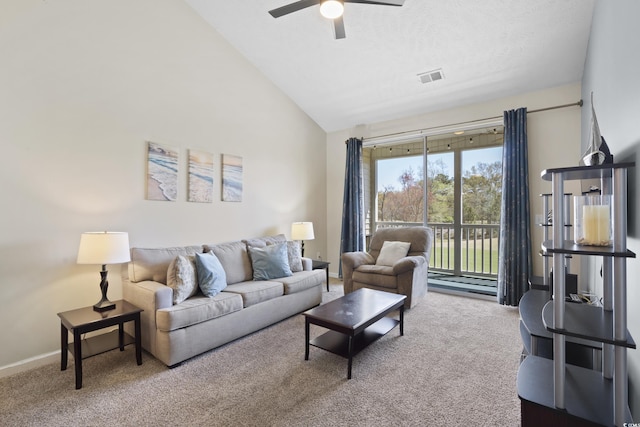 living area with baseboards, a ceiling fan, carpet flooring, and visible vents