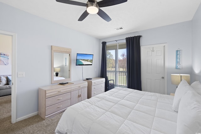 bedroom with baseboards, visible vents, a ceiling fan, and light colored carpet