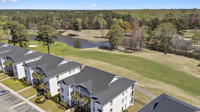 bird's eye view with a water view, golf course view, and a forest view