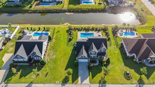 aerial view featuring a water view