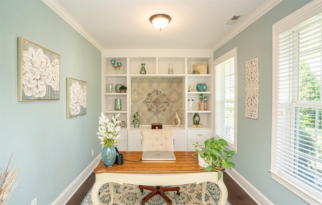 office featuring crown molding, baseboards, dark wood-style flooring, and visible vents