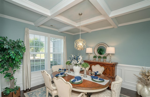 dining space featuring wood finished floors, a chandelier, beam ceiling, and coffered ceiling
