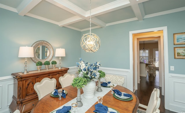 dining room featuring an inviting chandelier, coffered ceiling, wood finished floors, and beamed ceiling