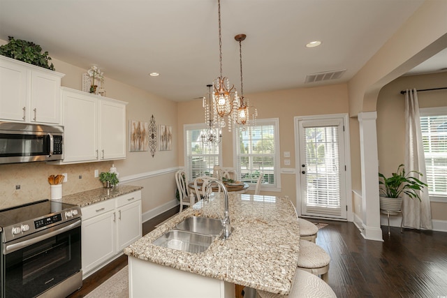 kitchen with a sink, a healthy amount of sunlight, stainless steel appliances, and visible vents
