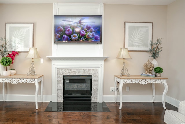 living room featuring baseboards, a fireplace, and wood finished floors