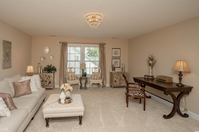 home office with baseboards and light carpet