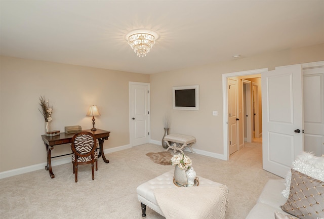 interior space with baseboards, a chandelier, and light carpet