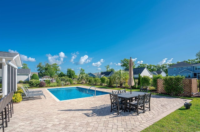 view of pool featuring a patio, a fenced in pool, and a residential view