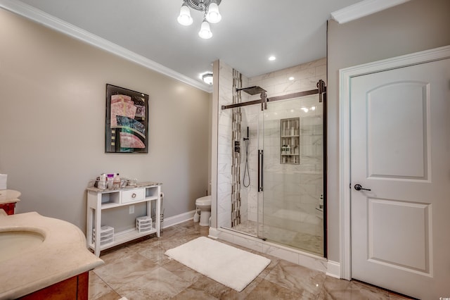 bathroom with crown molding, vanity, marble finish floor, toilet, and a shower stall