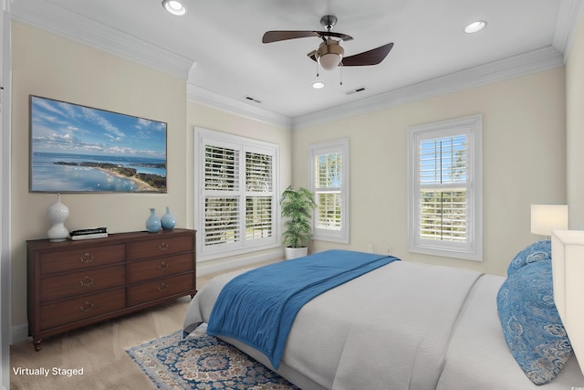 256 Shoreward Dr, Myrtle Beach, SC 29579 - bedroom featuring visible vents, ornamental molding, recessed lighting, and light colored carpet